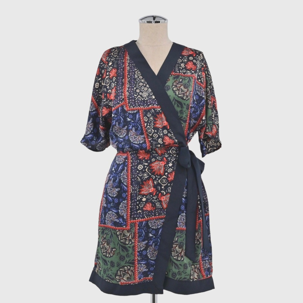 Zara Patchwork Floral Paisley Wrap Mini Dress Womens Sz S Navy Green Boho‎ Short